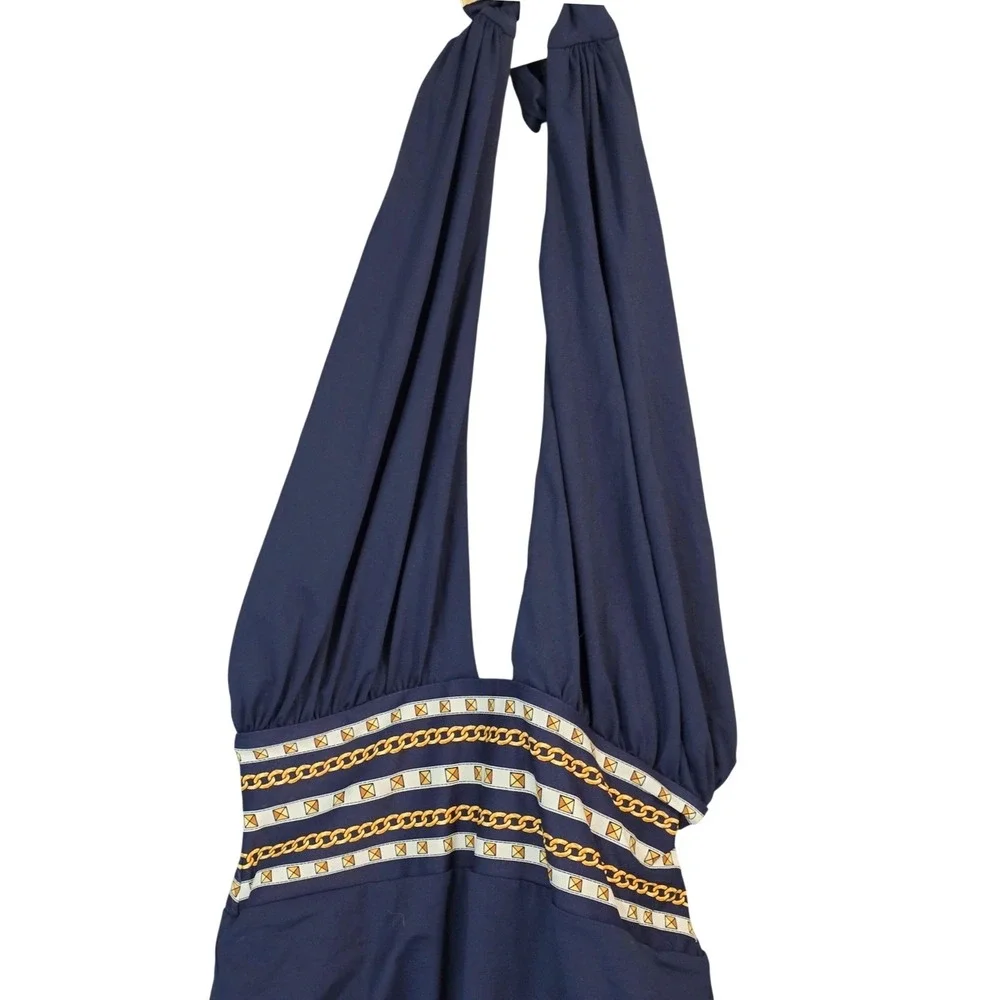 Michael Kors One Piece Swimsuit Women 8 Navy Blue‎ Halter Chain Print